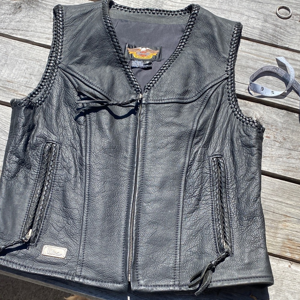 Black Harley Davidson Leather Vest with Braided Details